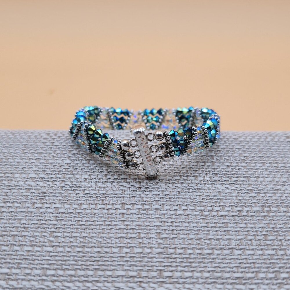6 Inch Sterling Silver Handmade Woven Crystal Bracelet B579